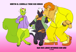 Size: 4245x2930 | Tagged: safe, artist:marykimer, disco bear (htf), nutty (htf), bear, mammal, mustelid, rodent, skunk, squirrel, anthro, happy tree friends, barefoot, big tail, bipedal, black body, black fur, black outline, bottomless, candy, cheek kiss, claws, clothes, flat colors, fluff, food, full body, fur, gradient background, green body, green fur, group, hair, holding, holding hands, knee fluff, leg fluff, male, males only, neck fluff, nudity, orange body, orange fur, orange hair, partial nudity, sandals, shoes, simple background, sketch, spanish text, tail, tail fluff, text, translation request, trio, trio male, white body, white fur, wrist fluff