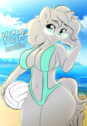 Size: 3080x4453 | Tagged: suggestive, artist:jerraldina, equine, mammal, pony, anthro, ball, beach, clothes, cloud, female, glasses, mare, ocean, sexy, sky, solo, solo female, summer, sunglasses, swimsuit, volleyball, water, ych