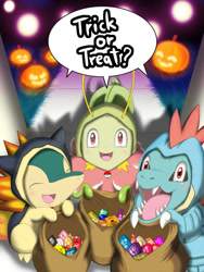 Size: 600x800 | Tagged: safe, alternate version, artist:winick-lim, chikorita, cyndaquil, feraligatr, fictional species, meganium, totodile, typhlosion, feral, nintendo, pokémon, 2015, candy, claws, clothes, costume, cute, cute little fangs, dialogue, digital art, eyes closed, fangs, female, food, group, halloween, halloween costume, holiday, jack-o-lantern, looking at you, male, on model, open mouth, pokémon starter, pumpkin, sack, speech bubble, starter pokémon, talking, teeth, text, tongue, trio, typlosion