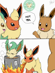 Size: 800x1067 | Tagged: safe, artist:winick-lim, eevee, eeveelution, fictional species, flareon, leafeon, mammal, feral, nintendo, pokémon, 2016, comic, cooking, dialogue, digital art, drink, ears, eyes closed, female, fire, fluff, fur, group, looking at each other, male, neck fluff, on model, open mouth, paws, pot, speech bubble, tail, talking, tea, text, tongue, trio