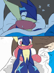 Size: 800x1067 | Tagged: safe, artist:winick-lim, amphibian, fictional species, frog, greninja, human, mammal, feral, nintendo, pokémon, 2016, bed, bedwetting, blanket, comic, cross-popping veins, digital art, duo, ears, eyes closed, long tongue, lying down, lying on bed, male, on bed, pillow, pissing, pointing, shocked, sleeping, starter pokémon, tail, this will not end well, tongue, tongue out, uh-oh, urine, wetting