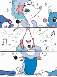 Size: 800x1067 | Tagged: safe, artist:winick-lim, brionne, fictional species, popplio, primarina, feral, nintendo, pokémon, 2016, comic, digital art, ears, evolutionary family, eyes closed, fainting, female, fur, male, microphone, on model, paws, pink nose, singing, starter pokémon, tail, this will not end well