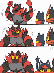 Size: 800x1067 | Tagged: safe, artist:winick-lim, fictional species, incineroar, litten, mammal, torracat, feral, nintendo, pokémon, 2016, comic, digital art, ears, evolutionary family, eyes closed, flexing, fur, group, looking at each other, male, on model, one eye closed, paws, showing, starter pokémon, tail, trio, unamused