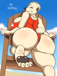 Size: 2225x2956 | Tagged: safe, artist:zp92, oc, oc:sophie romanov, bear, mammal, polar bear, anthro, barefoot, beach, breasts, butt, cleavage, clothes, ear piercing, feet, female, high res, huge breasts, huge butt, lifeguard, lifeguard chair, one-piece swimsuit, piercing, soles, solo, solo female, swimsuit, toes, wide hips
