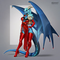 Size: 1099x1100 | Tagged: safe, artist:aomori, oc, oc only, dragon, fictional species, anthro, blue scales, boots, breasts, clothes, cyan eyes, dragoness, dress, eyebrows, eyelashes, female, footwear, gloves, hair, hand on hip, high heel boots, high heels, horns, latex, legwear, long gloves, long hair, scales, shoes, side slit, solo, solo female, thigh high boots, webbed wings