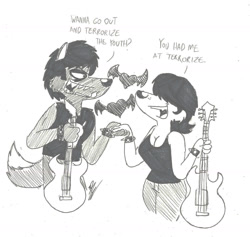 Size: 1611x1528 | Tagged: safe, artist:rockytoonzcomics, oc, oc:rose thorn (rockytoonzcomics), oc:the thrashing thorns family (rockytoonzcomics), canine, mammal, wolf, anthro, breasts, cigarette, cleavage, duo, electric guitar, female, guitar, heart, love heart, male, musical instrument