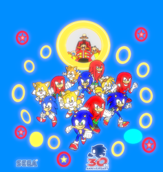 Size: 1066x1125 | Tagged: safe, artist:9029561, classic knuckles, classic sonic, classic tails, doctor eggman (sonic), knuckles the echidna (sonic), miles "tails" prower (sonic), sonic the hedgehog (sonic), canine, echidna, fox, hedgehog, human, mammal, monotreme, red fox, anthro, plantigrade anthro, sega, sonic boom (series), sonic the hedgehog (series), sonic the hedgehog movie, 2021, anniversary, dipstick tail, fluff, group, male, males only, multeity, multiple tails, orange tail, quills, red tail, self paradox, tail, tail fluff, two tails, white tail