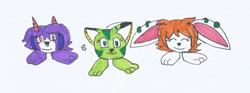 Size: 1280x477 | Tagged: safe, artist:spaton37, carol tea (freedom planet), milla basset (freedom planet), sash lilac (freedom planet), canine, cat, dog, dragon, feline, fictional species, goomba (mario), mammal, monster, ambiguous form, feral, semi-anthro, freedom planet, mario (series), barefoot, crossover, female, females only, goombafied, simple background, traditional art, trio, trio female, white background