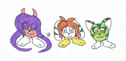 Size: 1280x627 | Tagged: safe, artist:spaton37, carol tea (freedom planet), milla basset (freedom planet), sash lilac (freedom planet), canine, cat, dog, dragon, feline, fictional species, goomba (mario), mammal, monster, ambiguous form, feral, semi-anthro, freedom planet, mario (series), clothes, crossover, female, females only, goombafied, not salmon, simple background, socks, traditional art, trio, trio female, wat, white background