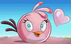 Size: 608x380 | Tagged: safe, official art, stella (angry birds), bird, cockatoo, parrot, feral, angry birds, female, galah, heart, looking at you, low res, open mouth, open smile, pink body, rovio, smiling, smiling at you, solo, solo female