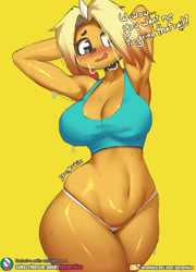 Size: 1500x2080 | Tagged: suggestive, artist:burgerkiss, bronwyn (adventure time), canine, dog, hybrid, mammal, anthro, adventure time, cartoon network, 2021, armpits, arms behind head, belly button, big breasts, black nose, blushing, breasts, clothes, collar, dialogue, digital art, ears, eyelashes, female, fur, hair, horn, licking, licking lips, panties, pose, simple background, solo, solo female, sweat, tail, talking, tank top, text, thighs, tongue, tongue out, topwear, underwear, wide hips, yellow background