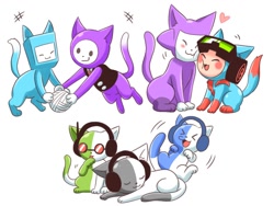 Size: 946x710 | Tagged: safe, artist:rai_8ya, airboarder (rhythm heaven), cosmic dancer (rhythm heaven), space dancer (rhythm heaven), space kicker (rhythm heaven), alien, cat, feline, fictional species, hybrid, mammal, feral, nintendo, rhythm heaven, airkicker (rhythm heaven), ambiguous gender, blushing, catified, clothes, cute, eyes closed, glasses, group, headphones, heart, lying down, male, male/male, paw on face, round glasses, shipping, simple background, sitting, species swap, stepswitcher (rhythm heaven), tail, tongue, tongue out, topwear, white background, yarn