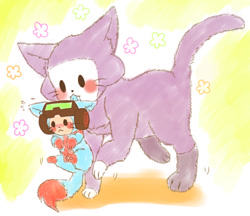 Size: 584x504 | Tagged: safe, artist:rai_8ya, airboarder (rhythm heaven), space kicker (rhythm heaven), alien, cat, feline, fictional species, hybrid, mammal, feral, nintendo, rhythm heaven, :<, blushing, catified, cute, duo, duo male, flower, fluff, frowning, goggles, goggles on head, holding, holding character, male, males only, mouth hold, species swap, tail