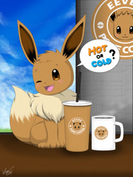 Size: 800x1068 | Tagged: safe, artist:winick-lim, part of a set, eevee, eeveelution, fictional species, mammal, feral, nintendo, pokémon, 2016, black nose, coffee, coffee cup, coffee mug, dialogue, digital art, drink, ears, fluff, fur, hair, logo, looking at you, male, neck fluff, on model, one eye closed, open mouth, paws, sitting, solo, solo male, speech bubble, table, tail, talking, text, tongue, window