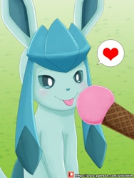 Size: 960x1280 | Tagged: safe, artist:winick-lim, eeveelution, fictional species, glaceon, mammal, feral, nintendo, pokémon, 2017, black nose, blushing, cute, digital art, ears, feeding, female, food, fur, grass, hair, heart, ice cream, ice cream cone, licking, on model, sitting, solo, solo female, speech bubble, tail, tongue, tongue out