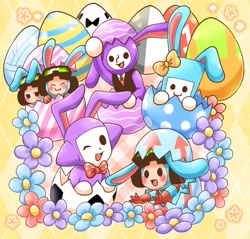 Size: 680x650 | Tagged: safe, artist:rai_8ya, airboarder (rhythm heaven), cosmic dancer (rhythm heaven), space dancer (rhythm heaven), space kicker (rhythm heaven), alien, animal humanoid, fictional species, hybrid, lagomorph, mammal, rabbit, humanoid, nintendo, rhythm heaven, bow, bunnified, cute, easter, easter egg, egg, eyes closed, flower, goggles, goggles on head, group, male, males only, one eye closed, open mouth, species swap, tongue, unamused, winking