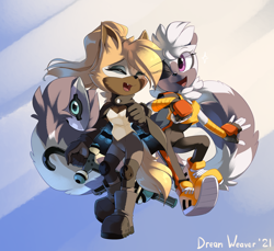 Size: 2400x2200 | Tagged: safe, artist:dreamweaverpony, tangle the lemur (sonic), whisper the wolf (sonic), canine, lemur, mammal, primate, wolf, anthro, idw sonic the hedgehog, sega, sonic the hedgehog (series), abstract background, boots, clothes, cream body, cream fur, duo, eyes closed, female, fur, gloves, gray body, gray fur, high res, knee pads, magenta eyes, multicolored fur, open mouth, shoes, signature, tail, white body, white fur, wispon (sonic)