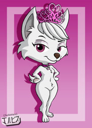 Size: 1280x1770 | Tagged: safe, alternate version, artist:jackintaro, sweetie (paw patrol), canine, dog, mammal, terrier, anthro, digitigrade anthro, nickelodeon, paw patrol, 2021, bedroom eyes, black nose, chibi, collar, digital art, ears, eyelashes, female, fur, hair, looking at you, older, paw pads, paws, simple background, solo, solo female, tail, thighs, underpaw, wide hips