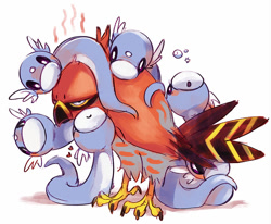 Size: 959x789 | Tagged: safe, artist:niki foley, bird, dragon, dratini, fictional species, talonflame, feral, nintendo, pokémon, ambiguous gender, claws, feathers, heart, love heart, open mouth, simple background, smiling, talons, unamused, warm, white background, young