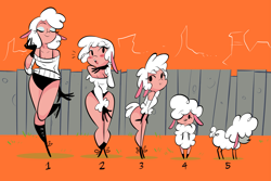 Size: 2265x1515 | Tagged: safe, artist:herny, leggy lamb (droopy), animal humanoid, bovid, caprine, fictional species, lamb, mammal, sheep, anthro, feral, humanoid, semi-anthro, droopy (series), sheep wrecked, blushing, breasts, chart, cleavage, clothes, eyes closed, female, fence, footwear, furry chart, open mouth, smiling, solo, solo female, sweater, tex avery, topwear, wool