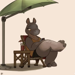 Size: 1280x1280 | Tagged: safe, artist:louart, hippopotamus, mammal, anthro, 2d, bottomwear, cell phone, clothes, crossed legs, drink, female, phone, shirt, shorts, sitting, solo, solo female, topwear, umbrella