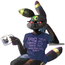 Size: 497x496 | Tagged: safe, artist:breakersunny, eeveelution, fictional species, mammal, umbreon, anthro, nintendo, pokémon, breasts, clothes, colored sclera, female, holding object, lidded eyes, low res, mug, red sclera, request art, shirt, simple background, sitting, sleepy, solo, solo female, tail, text, text on clothing, text on shirt, text on topwear, topwear, white background