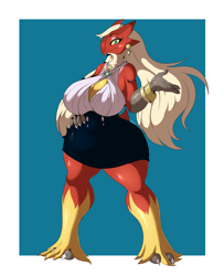 Size: 1920x2363 | Tagged: safe, artist:suirano, bird, blaziken, fictional species, anthro, digitigrade anthro, nintendo, pokémon, 2020, big breasts, bottomwear, breasts, clothes, commission, digital art, eyelashes, female, fur, hair, hand on hip, huge breasts, looking at you, shirt, simple background, skirt, solo, solo female, starter pokémon, tail, thighs, thunder thighs, topwear, wide hips