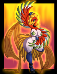 Size: 1280x1678 | Tagged: suggestive, artist:suirano, bird, fictional species, ho-oh, legendary pokémon, anthro, nintendo, pokémon, 2018, beak, bedroom eyes, belly dancer, belly dancer outfit, big breasts, blushing, breasts, digital art, eyelashes, feathers, female, fur, hair, high heel boots, huge breasts, looking at you, maebari, nudity, pasties, simple background, smiling, smiling at you, solo, solo female, spread wings, tail, thighs, thunder thighs, wide hips, wings