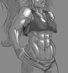 Size: 622x664 | Tagged: safe, artist:deathie, undyne (undertale), fictional species, fish, monster, anthro, undertale, abs, belly button, belt, bottomwear, breast freckles, breasts, cleavage, clothes, female, freckles, gray background, grayscale, marine, monochrome, muscles, pants, shoulder freckles, simple background, solo, solo female, sweat, underboob