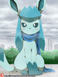Size: 768x1024 | Tagged: safe, artist:winick-lim, eeveelution, fictional species, glaceon, mammal, feral, nintendo, pokémon, 2017, black nose, blushing, clothes, digital art, ears, female, fur, hair, looking at you, on model, paws, scarf, sitting, smiling, smiling at you, snow, solo, solo female, tail