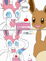 Size: 800x1067 | Tagged: safe, artist:winick-lim, eevee, eeveelution, fictional species, mammal, sylveon, feral, nintendo, pokémon, 2016, black nose, blushing, cake, comic, digital art, ears, eating, female, fluff, food, fork, fur, hair, neck fluff, on model, open mouth, pure unfiltered evil, sharing, sitting, tail, this will not end well, tongue
