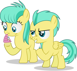 Size: 3972x3677 | Tagged: safe, artist:thatusualguy06, barley barrel (mlp), pickle barrel (mlp), equine, fictional species, mammal, pegasus, pony, friendship is magic, hasbro, my little pony, atg 2021, brother, brother and sister, colt, cupcake, evil grin, female, filly, foal, food, grin, high res, male, natg 2021, newbie artist training grounds, prank, scrunchy face, siblings, simple background, sister, toothpaste, transparent background, vector, young