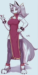 Size: 1060x2048 | Tagged: safe, artist:suigi, loona (vivzmind), canine, fictional species, hellhound, mammal, anthro, digitigrade anthro, hazbin hotel, helluva boss, 2021, black nose, breasts, cell phone, cheongsam, chest fluff, chinese dress, claws, clothes, colored sclera, dress, ear piercing, earring, eyebrows, eyelashes, eyeshadow, female, fluff, fur, gray body, gray fur, gray hair, hair, hand on hip, legwear, makeup, multicolored fur, paws, phone, piercing, ponytail, red sclera, side slit, smartphone, solo, solo female, spiked bracelet, tail, tail fluff, thigh highs, toeless legwear, white body, white eyes, white fur