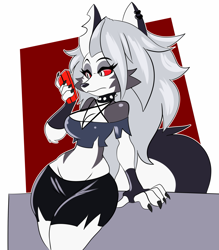 Size: 1795x2048 | Tagged: safe, artist:solratic, loona (vivzmind), canine, fictional species, hellhound, mammal, anthro, hazbin hotel, helluva boss, 2021, black nose, border, bottomwear, breasts, cell phone, cleavage, clothes, collar, colored sclera, crop top, cropped shirt, ear piercing, earring, ears, eyebrows, eyelashes, eyeshadow, female, fingerless gloves, fluff, fur, gloves, gray body, gray fur, gray hair, hair, long hair, makeup, midriff, multicolored fur, phone, piercing, red sclera, smartphone, solo, solo female, spiked collar, tail, tail fluff, topwear, torn clothes, torn ear, white body, white border, white eyes, white fur
