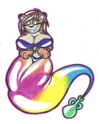 Size: 1106x1390 | Tagged: safe, artist:kieliindustries, oc, oc only, oc:tori taxel, big cat, feline, fictional species, genie, mammal, tiger, anthro, bra, clothes, commission, crossed arms, female, flag, floating, pansexual pride flag, panties, pride flag, smiling, solo, solo female, traditional art, underwear, vase