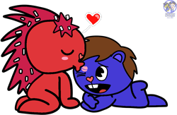Size: 1045x683 | Tagged: safe, artist:mrstheartist, flaky (htf), canon x oc, oc, oc:seb the bear, mammal, porcupine, semi-anthro, happy tree friends, base used, beak, black outline, blue body, blue fur, flakyseb (htf/oc), fur, heart, kiss mark, kiss on the forehead, kneeling, lipstick, love heart, makeup, open mouth, red body, red fur, shipping, simple background, transparent background