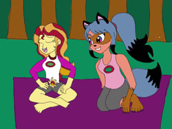 Size: 1032x774 | Tagged: safe, artist:alphyn adean, michiru kagemori (bna), sunset shimmer (mlp), canine, human, mammal, raccoon dog, anthro, humanoid, bna: brand new animal, friendship is magic, hasbro, my little pony, camping, crossover, duo, duo female, female, females only, fluff, fur, hair, multicolored eyes, simple background, tail, tail fluff, two toned eyes