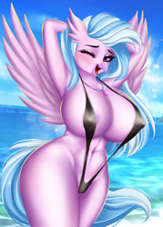 Size: 1800x2520 | Tagged: suggestive, artist:ashimaroo, silverstream (mlp), bird, equine, fictional species, hippogriff, mammal, anthro, friendship is magic, hasbro, my little pony, 2021, anthrofied, areola, areola slip, arm behind head, armpits, bedroom eyes, belly button, big breasts, bikini, breasts, clothes, commission, feathered wings, feathers, female, huge breasts, looking at you, nipple outline, one eye closed, sling bikini, solo, solo female, swimsuit, wide hips, wings, winking