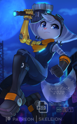 Size: 622x996 | Tagged: safe, artist:skeleion, rivet (r&c), fictional species, lombax, mammal, anthro, ratchet & clank, 2020, blue eyes, boots, breasts, butt, clothes, ear piercing, earring, ears, eyebrows, eyelashes, female, fluff, full moon, gloves, goggles, goggles on head, hammer, moon, night, outdoors, piercing, pink nose, prosthetic arm, prosthetics, scarf, shoes, small breasts, solo, solo female, tail, tail fluff, weapon