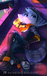 Size: 622x1000 | Tagged: safe, alternate version, artist:skeleion, rivet (r&c), fictional species, lombax, mammal, anthro, ratchet & clank, 2020, bedroom eyes, blue eyes, boots, breasts, butt, clothes, drink, ear piercing, earring, ears, eyebrows, eyelashes, female, fluff, gloves, goggles, goggles on head, indoors, looking at you, piercing, pink nose, prosthetic arm, prosthetics, scarf, screws, shoes, small breasts, smiling, smiling at you, soda, soda can, solo, solo female, tail, tail fluff, teeth