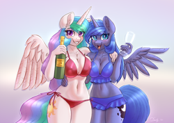 Size: 3508x2480 | Tagged: safe, alternate version, artist:dandy, princess celestia (mlp), princess luna (mlp), alicorn, equine, fictional species, mammal, pony, anthro, friendship is magic, hasbro, my little pony, adorasexy, alcohol, anthrofied, asymmetrical docking, belly button, big breasts, bikini, blue eyes, blushing, breast squish, breasts, breasts touching, chest fluff, clothes, cute, drink, duo, duo female, ear fluff, erect nipples, eye through hair, eyebrow through hair, eyebrows, eyelashes, feathered wings, feathers, female, females only, fluff, glass, grin, hair, hand on waist, high res, horn, long hair, looking at you, magenta eyes, mare, mature, mature female, milestone, nipple outline, open mouth, open smile, sexy, siblings, simple background, sister, sisters, smiling, swimsuit, wings