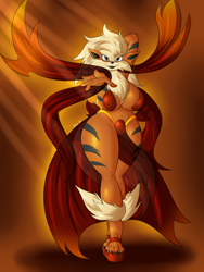 Size: 1480x1973 | Tagged: suggestive, artist:suirano, arcanine, fictional species, mammal, anthro, digitigrade anthro, nintendo, pokémon, 2017, armpits, arms behind head, belly button, belly dancer, belly dancer outfit, big breasts, black nose, breasts, clothes, cute, cute little fangs, digital art, ear piercing, ears, eyelashes, fangs, female, fluff, fur, hair, high heels, leg fluff, loincloth, looking at you, maebari, nudity, pasties, piercing, shoes, simple background, solo, solo female, teeth, thighs, thunder thighs, wide hips