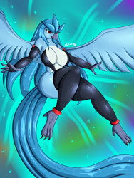 Size: 1920x2560 | Tagged: suggestive, artist:suirano, articuno, fictional species, legendary pokémon, anthro, digitigrade anthro, nintendo, pokémon, 2016, beak, big breasts, breasts, clothes, digital art, ears, evening gloves, eyelashes, feathers, female, flying, fur, gloves, hair, legwear, long gloves, solo, solo female, spread wings, stockings, suit, tail, thighs, thunder thighs, wide hips, wings