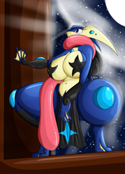 Size: 1480x2072 | Tagged: suggestive, artist:suirano, fictional species, greninja, anthro, digitigrade anthro, nintendo, pokémon, big breasts, breasts, clothes, digital art, ears, evening gloves, eyelashes, female, fur, gloves, huge breasts, loincloth, long gloves, long tongue, moon, night, ninja, partial nudity, pasties, scales, solo, solo female, squatting, starter pokémon, tail, thighs, thunder thighs, tongue, topless, tree, wide hips