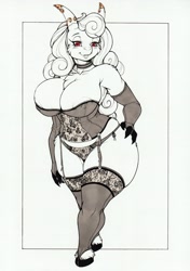 Size: 2454x3483 | Tagged: suggestive, artist:longinius, bovid, goat, mammal, anthro, areola, breasts, clothes, female, high res, horns, hourglass figure, huge breasts, limited palette, lingerie, nipple outline, panties, solo, solo female, thick thighs, thighs, traditional art, underwear, wide hips