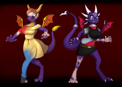 Size: 1250x900 | Tagged: safe, artist:tomek1000, cynder the dragon (spyro), spyro the dragon (spyro), dragon, fictional species, human, mammal, reptile, western dragon, spyro the dragon (series), the legend of spyro, blue eyes, bottomwear, bra, brown hair, claws, clothes, clothing transformation, collar, dragoness, dress, duo, duo female, female, females only, glasses, hair, horns, human to dragon, male, male to female, pants, purple eyes, purple scales, red background, rule 63, scales, shirt, shoes, simple background, skirt, spiked bracelet, spiked collar, sunglasses, tail, topwear, transformation, transgender transformation, underwear, white eyes, wings, yellow dress