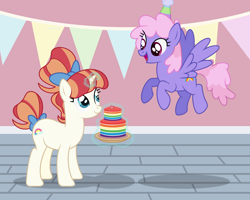 Size: 6134x4908 | Tagged: safe, artist:thatusualguy06, equine, fictional species, mammal, pegasus, pony, unicorn, feral, friendship is magic, hasbro, my little pony, 2021, absurd resolution, atg 2021, birthday, cake, colored outline, duo, duo female, female, females only, flying, food, magic, magic aura, mare, natg 2021, newbie artist training grounds, on model, party hat, rainbow cake, rainbow stars (mlp), rainbowshine (mlp), vector