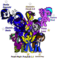 Size: 1834x1870 | Tagged: safe, artist:mrstheartist, oc, oc only, oc:alexandra cloudy 2.0, oc:electric beats, oc:elektro pixel, oc:ponyseb 2.0, oc:purple magic, oc:seb the pony, oc:sheila emerald, oc:viola love, equine, fictional species, mammal, pegasus, pony, unicorn, feral, friendship is magic, hasbro, my little pony, base used, big belly, black outline, bright colors, cap, clothes, colored wingtips, group, hat, hoodie, legwear, looking at you, snapback, spread wings, stars, striped clothes, striped legwear, tongue, tongue out, topwear, wings