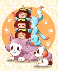 Size: 448x548 | Tagged: safe, artist:rai_8ya, airboarder (rhythm heaven), barista (rhythm heaven), space kicker (rhythm heaven), alien, canine, cat, dog, feline, fictional species, hybrid, mammal, feral, nintendo, rhythm heaven, :3, abstract background, blushing, catified, cute, eyes closed, goggles, goggles on head, group, headphones, low res, lying down, male, males only, open mouth, owo, paws, pile, prone, smiling, species swap, tail, unamused