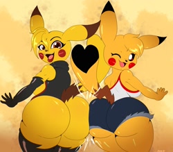 Size: 2160x1890 | Tagged: suggestive, artist:suirano, fictional species, mammal, pikachu, anthro, nintendo, pokémon, 2020, big breasts, big butt, black nose, bottomless, bottomwear, breasts, butt, butt bump, clothes, dialogue, digital art, duo, duo female, ears, eyelashes, female, females only, hair, huge butt, jacket, looking at you, looking back, looking back at you, nudity, one eye closed, open mouth, partial nudity, rear view, sharp teeth, shirt, shorts, sideboob, simple background, teeth, thighs, tongue, topwear, wide hips